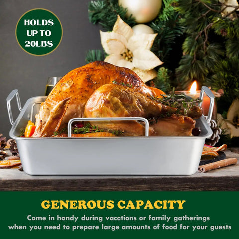 Stainless Steel Roasting Pan With V-Shaped and Flat Rack for Even Browning, holding a roasted turkey, 16 by 11.5 inch