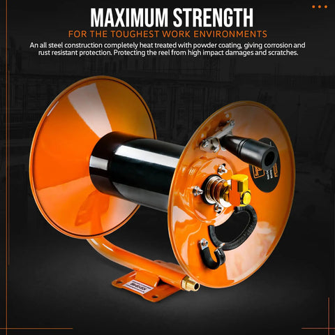 Retractable Hand Crank Air Hose Reel 3/8 Inch By 100 Feet, built tough steel frame, shown without hose, bolts to base.