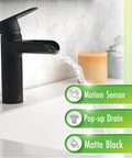 Touchless 4-Inch Centerset Matte Black Bathroom Faucet With Motion Sensor in use with water flow, candle in background.