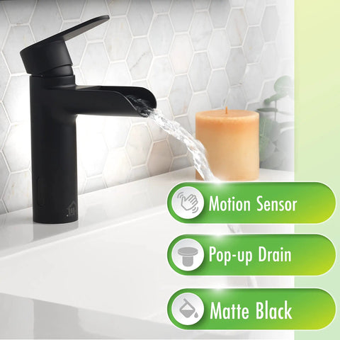 Touchless 4-Inch Centerset Matte Black Bathroom Faucet With Motion Sensor in use with water flow, candle in background.