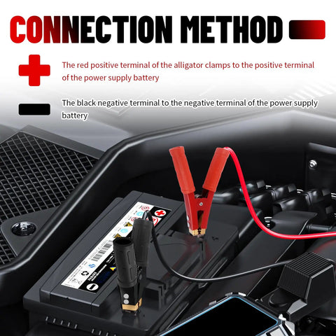 Heavy Duty Car Battery Clamp Set 2 Pack, 12-24V 1000A Peak Jump Starter Alligator Clips connected to car battery.
