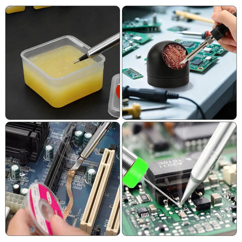 All In One Solder Kit With Tip Cleaner And Holder, 1.0mm Solder Wire 11g, Rosin Flux Paste 1.75 Oz in use on circuit boards