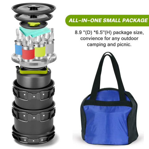 Go To Ultimate 29 Piece Camping Cookware Mess Kit with nonstick pots, pans, and utensils stacked beside a blue carry bag.
