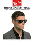 Model wearing RB4147 Square Sunglasses for men with non polarized gray lenses and modern edge frame, formal look