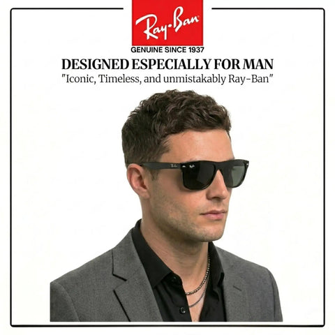 Model wearing RB4147 Square Sunglasses for men with non polarized gray lenses and modern edge frame, formal look