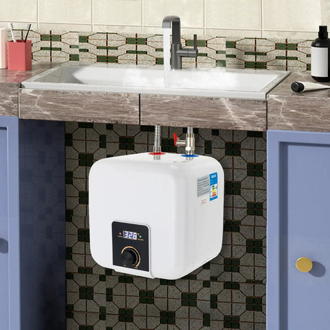 Under Counter Instant Electric Water Heater 1500 Watt Rapid Heat Small Tank Faucet Installation For Kitchen Sink And Bath Quick Warm Flow Smooth Top Shelf Finish mounted under a kitchen sink with a faucet.