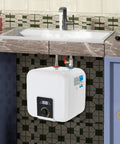 Compact 2.11 Gallon Electric Water Heater Delivering Kickin 1500W Heating And Instant Hot Water Mini Tank Storage installed under a sink.