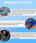 Product details of Motorcycle Wheel Cleaning Stand With Cleaning Brush Kit showing guide wheels and brush on blue background.