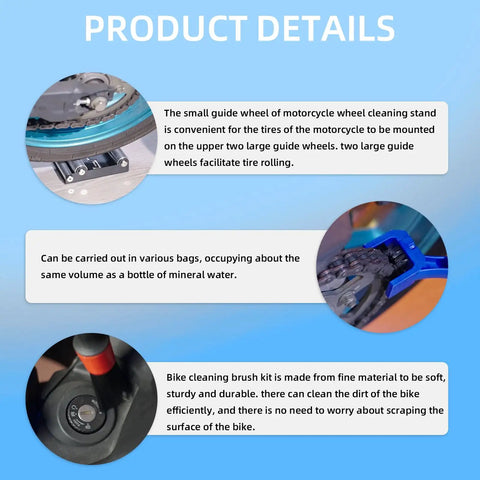 Product details of Motorcycle Wheel Cleaning Stand With Cleaning Brush Kit showing guide wheels and brush on blue background.