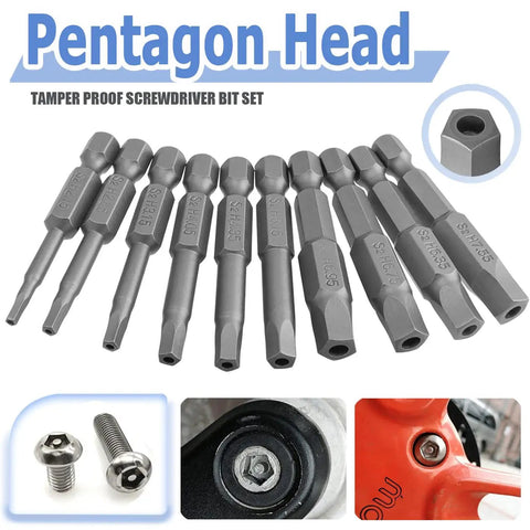 Torx Star 5 Point Security Tamper Proof Screwdriver Bit Set, 10 Piece, shown with magnetic pentagon heads and S2 steel material