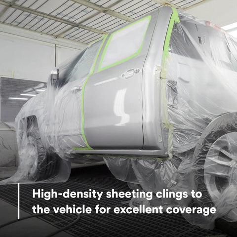 Overspray Protective Sheeting For Painting covers silver car, translucent high-density tear-resistant masking film, 20 ft by 250 ft