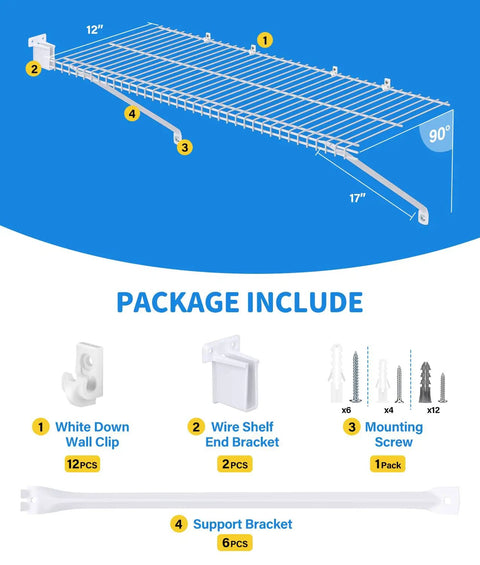 Six Pack White Wire Shelf Brackets For Twelve Inch Closets With Heavy Duty Anchors Screws And Clips For solid wall mounting and organization.