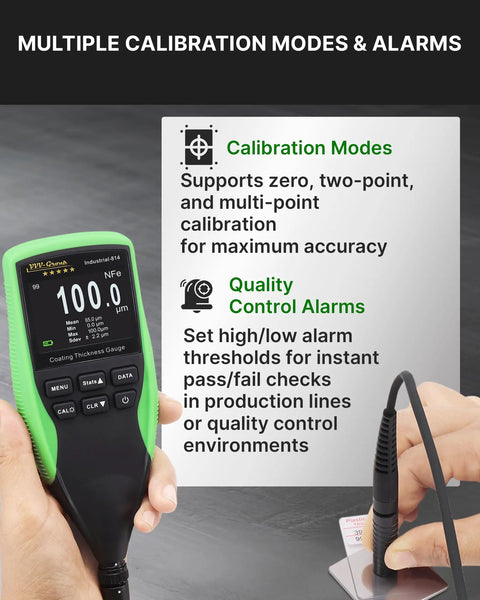Coating Thickness Gauge Pro Grade For Automotive And Industrial QC With 0.1 Micron Resolution Fe And NFe Auto Detection External Probe For Steel And Aluminum 0 To 1250 Micrometers, calibration modes