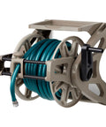 Wall Mount Hose Reel With Storage Tray Space Saving For Five Eighth Inch Vinyl Hose 175 Foot Capacity Outdoor Organizer In Dark Taupe