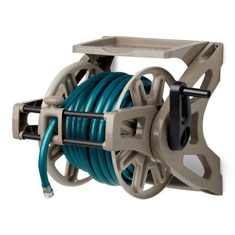 Wall Mount Hose Reel With Storage Tray Space Saving For Five Eighth Inch Vinyl Hose 175 Foot Capacity Outdoor Organizer In Dark Taupe