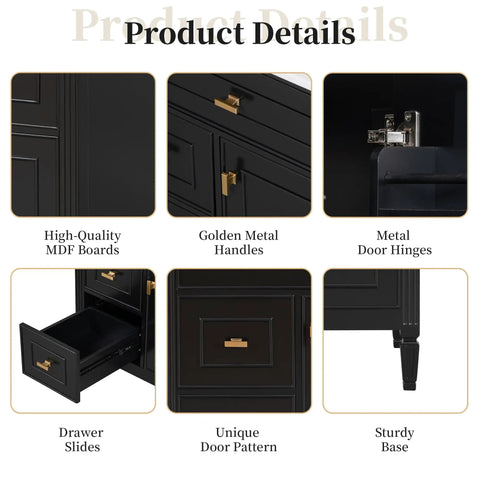 30 Inch Bathroom Vanity With Drop In Ceramic Sink And Soft Close Cabinet Door close-up of golden metal handles and sturdy MDF boards