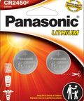 CR2450 3V Lithium Coin Cell Batteries 2 Pack with secure child-resistant packaging for watches and electronics.