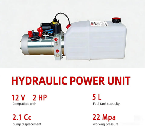 Electric Hydraulic Power Unit Double Acting 6 Quart Pump With Plastic Oil Reservoir 12V DC 1.6 KW High Pressure 3200 PSI And Sae Connector close-up showing components and specifications.