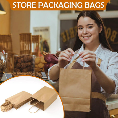 Smiling woman holding Bulk 200Pcs Kraft Paper Gift Bags With Handy Handles 5.25x3.25x8.25 Inches for retail use
