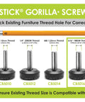Diagram showing Slipstick adjustable furniture levelers with various thread sizes for compatibility check