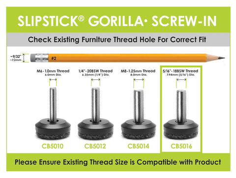 Diagram showing Slipstick adjustable furniture levelers with various thread sizes for compatibility check