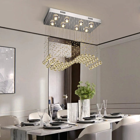 Modern K9 Crystal Chandelier Light Fixture With 8 Lights Raindrop Chandeliers In An S Shaped Flush Mount Ceiling Light Over Dining Table