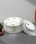 Game Changing Hella Big Electric Salad Spinner For Quick Lettuce Washing Knockout Battery Powered Produce Dryer with lid and greens.