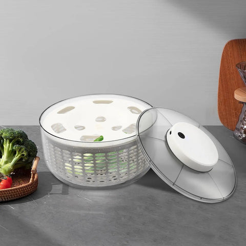 Game Changing Hella Big Electric Salad Spinner For Quick Lettuce Washing Knockout Battery Powered Produce Dryer with lid and greens.