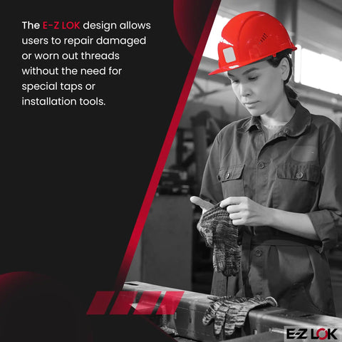 Worker in a workshop using E-Z LOK knife threaded wood inserts with brass threads for hardwood projects, wearing a red hard hat.