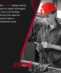 A worker wearing a red helmet and gloves using E-Z LOK design for repairing threads without special tools in an industrial setting.