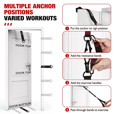 Heavy Resistance Bands With Handles For Home Gym, door anchor setup guide for tricep and bicep training, multiple anchor points.