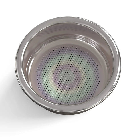Ridgeless 58mm Espresso Basket Filter 18 Gram Nanotech NanoQuartz Nonstick Coating For Baristapro, top view showing holes for extraction