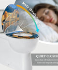 Elongated Toilet Seat for Bathroom with scenic design, featuring a quiet closing mechanism for noise reduction.