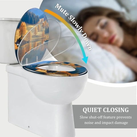 Elongated Toilet Seat for Bathroom with scenic design, featuring a quiet closing mechanism for noise reduction.