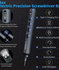 Mini Electric Screwdriver Kit With 70 In 1 Bits, 64 S2 Precision Bits, showing type-C charging, torque settings, and 4 LED lights.