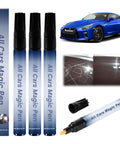 Effortless Car Scratch Repair Pen Set For All Colors, No Fuss Quick Fix For Scratches And Paint Damage, Waterproof Finish, Easy To Use At Home Or On The Road, 3 Pack DIY Kit For Auto Enthusiasts And Everyday Cars with three pens and scratch example