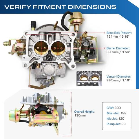 Dual 2 Barrel Carburetor dimensions for Ford 289 302 351 Jeep 360 with electric choke, replaces Motorcraft 2100 2150, metal construction