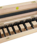 Top Shelf Carbide Forstner Drill Bit Set Six Piece Woodworking Kit inside wooden case with serrated cutting rings and hex chucks.