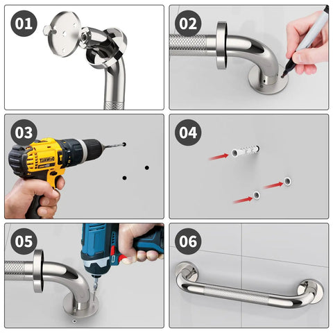 Installation steps for 12 Inch No Slip Shower Grab Bar Handle Stainless Steel Chrome Finish Knurled Bathroom Safety Hand Rail Support For Seniors Handicap Elderly Injury Prevention Easy Secure Install.