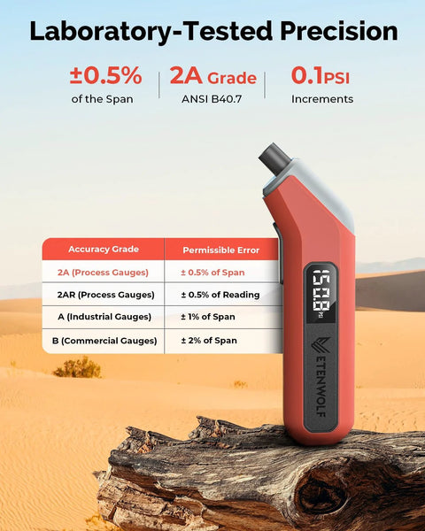 ETENWOLF T300 Plus digital tire pressure gauge in vivid orange with LED display and Presta adaptor.