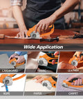 Hassle Free Cordless Electric Scissors Rechargeable Box Cutter With Led Light And Safety Lock for cutting fabric, leather, carpet, and cardboard.