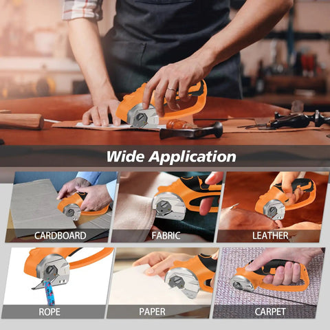 Hassle Free Cordless Electric Scissors Rechargeable Box Cutter With Led Light And Safety Lock for cutting fabric, leather, carpet, and cardboard.