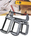 The Ultimate 4pcs C Clamps Set With Versatile Sizes Including 3 Inch, 4 Inch, 6 Inch And 8 Inch For Heavy Duty Woodworking, Welding, Carpentry And Furniture Assembly Made From Thickened Industrial Steel That Totally Slaps, displayed on a woodworking background.