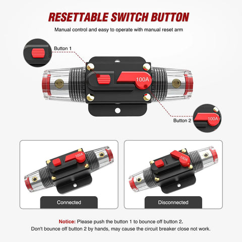 100A Inline Circuit Breaker With No Fuss Manual Reset For 12 To 24V DC Systems, Rugged Fuse Holder, Push Button Reset, Auto Protection For Cars Boats ATVs And Off Road Gear, black panel mount