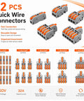 32 Piece Assorted Lever Wire Connectors Quick Push Connect Kit For Hella Easy Do It Yourself Electrical Wiring And Car Garage Grinds With Solid Industrial Grade Construction. Assorted connectors in orange and gray.
