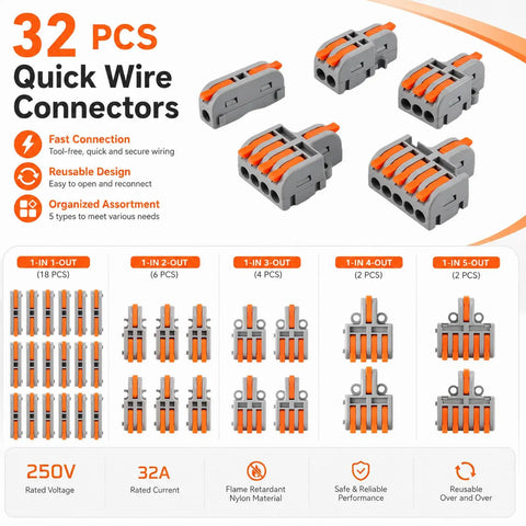 32 Piece Assorted Lever Wire Connectors Quick Push Connect Kit For Hella Easy Do It Yourself Electrical Wiring And Car Garage Grinds With Solid Industrial Grade Construction. Assorted connectors in orange and gray.
