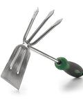 Stainless Steel Hoe And Cultivator Hand Tiller For Gardening Weeding And Tilling Soil Heavy Duty Bend Proof Fork And Blade Rust Proof Finish Ergo Rubber Handle Grip For Precision Weeding And Soil Preparation with ergonomic handle on white background