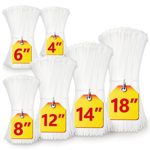 Assorted Zip Ties Pack 4 To 18 Inches Clear White, Multi Size With 18Lb To 75Lb Tensile Strength, 500 Count For Indoor Outdoor DIYers