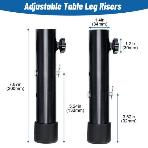 Heavy Duty Four Pack Folding Table Risers And Adjustable Height Leg Extenders For Bent Or Straight Furniture Legs measuring adjustable heights.