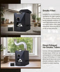 Electric Coffee Roaster 500 Gram Capacity With Three Smart Roast Settings Smokeless Filter Chaff Collector Direct Fire Heating Stainless Steel Build For Keeping Your Coffee Game Strong At Home smoke filter and direct exhaust tube in kitchen setting.